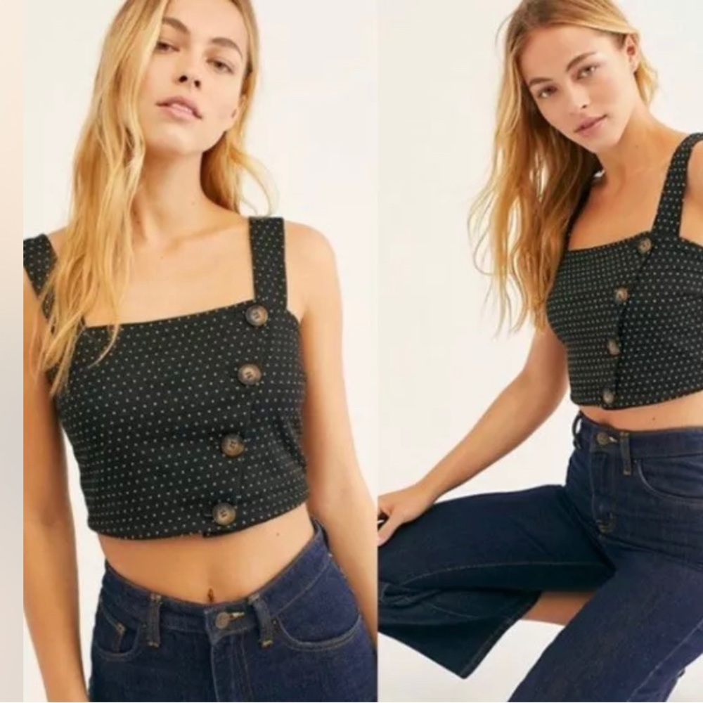 Free People This Is Love Crop Top Polka Dot Buttons Black White Size Sma…